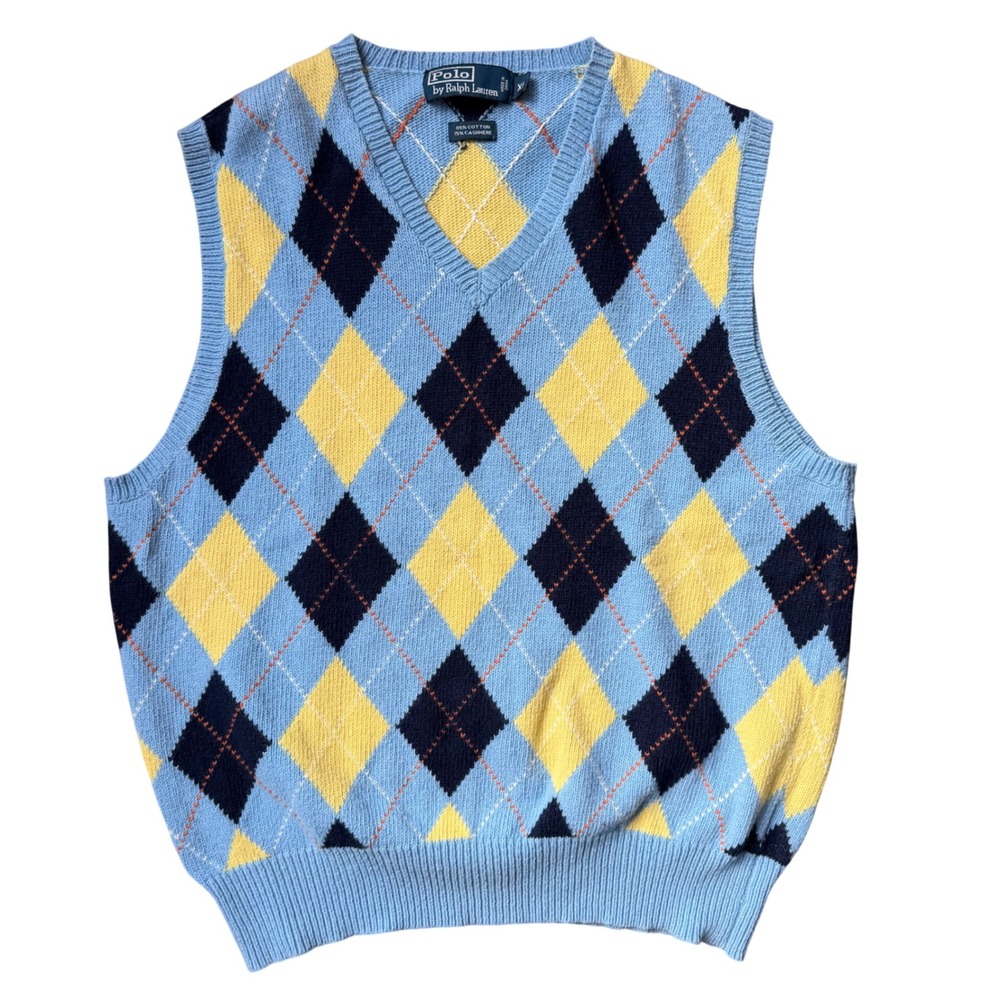Polo Ralph Lauren Argyle Sweater Vest Mens XL Blue Yellow Cashmere Cotton Preppy